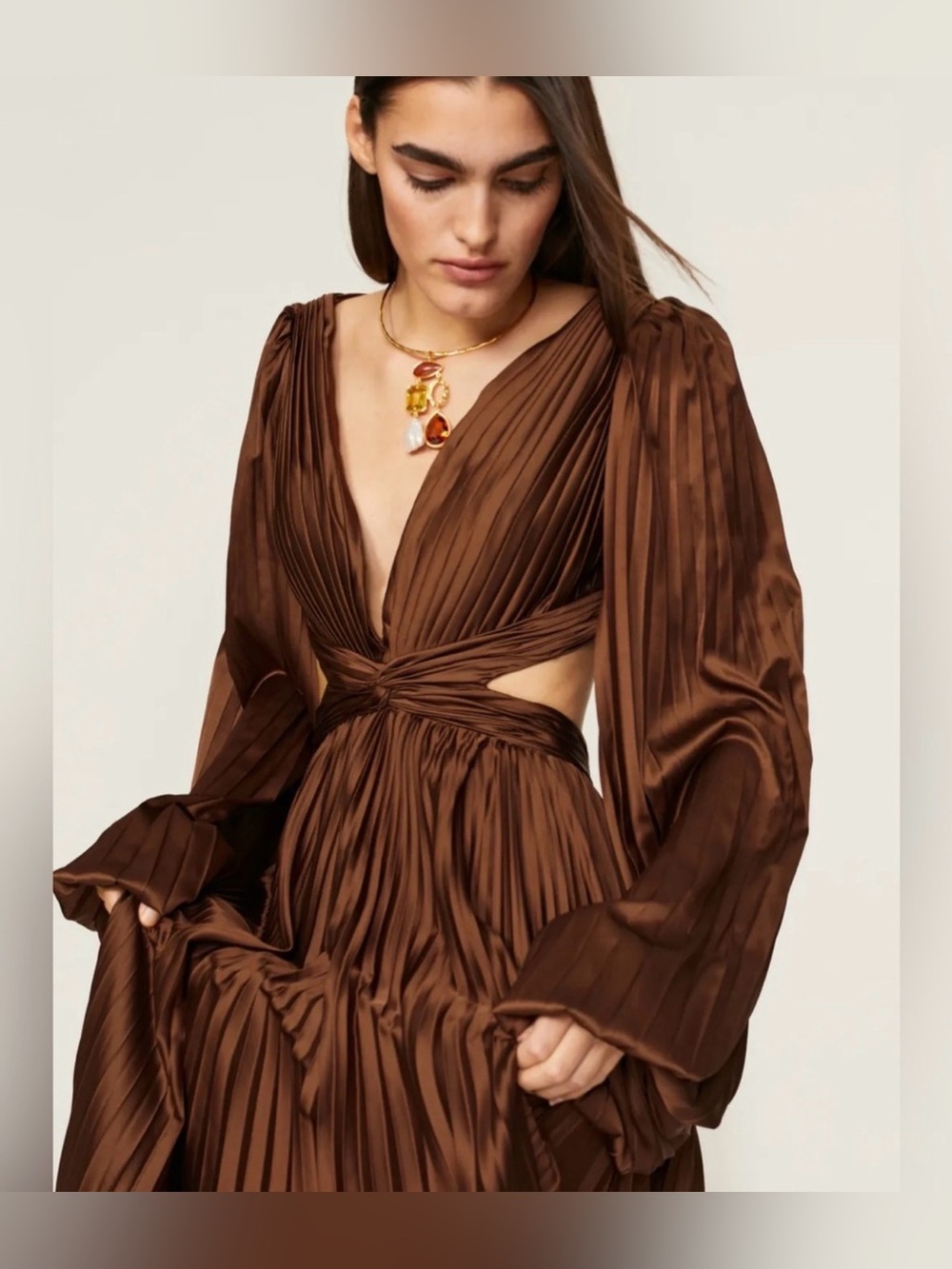 Mac Duggal Brown Pleated Long Sleeve Cutout Gown - Picture 5 of 8